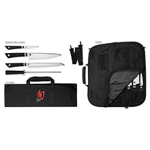 Load image into Gallery viewer, Shun Sora 5-Piece Student Set Including Stainless Chef’s 3.5 Paring, 9-Inch Bread, Honing Steel and 8-Slot, Black Nylon Knife Roll for Carrying Convenience

