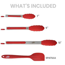 Load image into Gallery viewer, Kaluns Tongs For Cooking With Silicone Tips, 4 Piece Salad Tongs, Red, Stainless Steel 7-9-12 Inch Tong With Bonus Silicone Spatula, Non-stick, Heat resistant Serving Utensils
