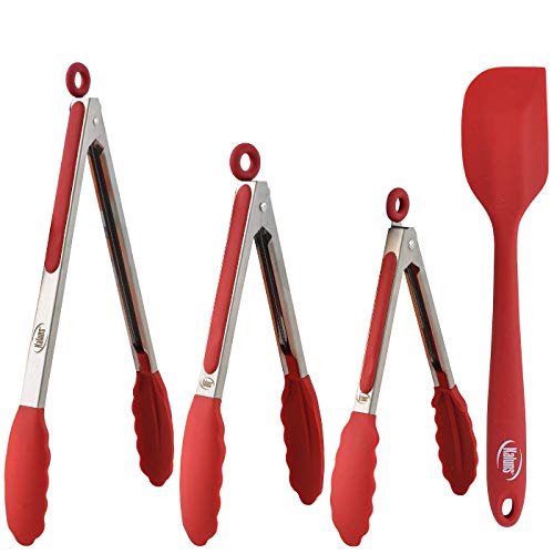 Kaluns Tongs For Cooking With Silicone Tips, 4 Piece Salad Tongs, Red, Stainless Steel 7-9-12 Inch Tong With Bonus Silicone Spatula, Non-stick, Heat resistant Serving Utensils