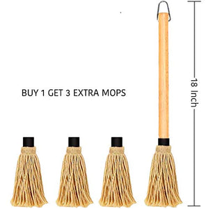 Censmart 18 Inch BBQ Basting Mop 3 Extra Replacement Heads with Natural Wood Handle and Cotton Head for Roasting or Grilling, Apply Barbecue Sauce, Marinade or Glazing,Dish Mop Style,