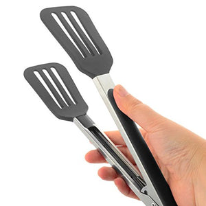 STARUBY Cooking Tongs 9 inches and 12 inches Stainless Steel Kitchen Silicone Serving Tongs Heat Resistant Meat Turner Spatula Tongs Fish Tongs with Locking Handle Joint (Black)