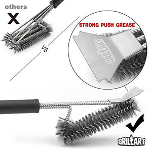 GRILLART Grill Brush and Scraper Best BBQ Brush for Grill, Safe 18" Stainless Steel Woven Wire 3 in 1 Bristles Grill Cleaning Brush